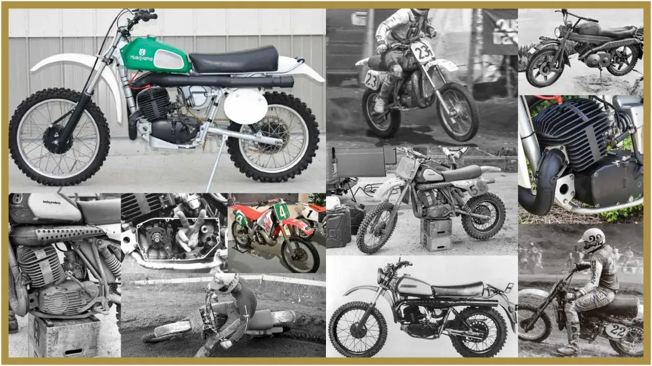 Kolaż zdjęć motocykli Husqvarna, od klasycznych modeli po wyścigowe maszyny.