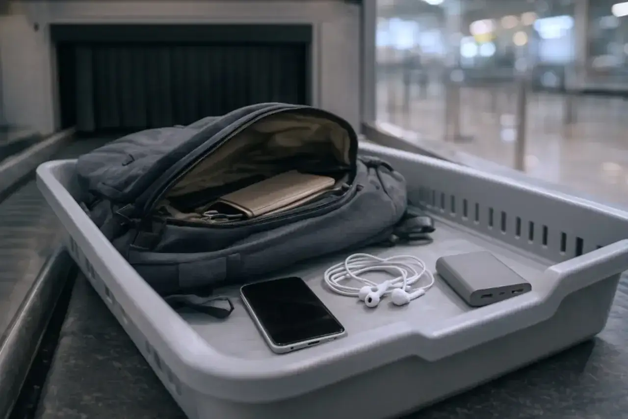 Na lotnisku w szarej tacce leżą plecak, telefon, słuchawki i powerbank. Jaki powerbank do samolotu? Ten jest idealny.