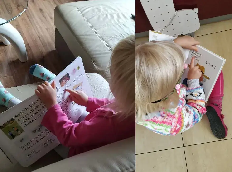 dzieci uczące się czytać różnymi metodami, tablice sylabowe, karty globalne