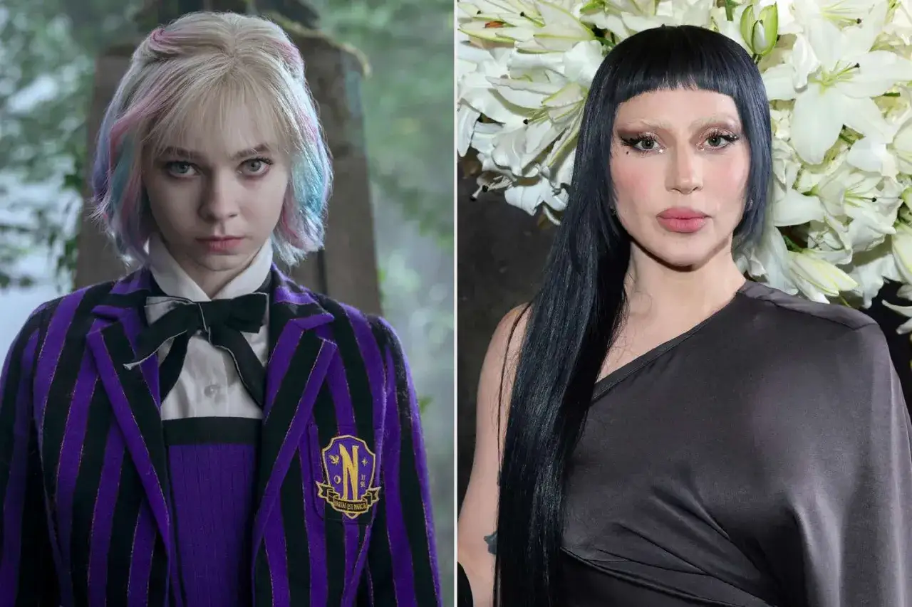 Por&oacute;wnanie: Jenna Ortega jako Wednesday Addams i Lady Gaga w stylizacji inspirowanej postacią.