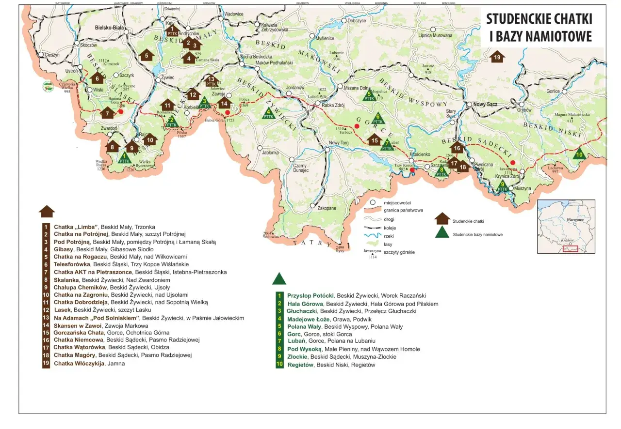 Mapa schronisk górskich w Polsce z wyróżnionymi regionami