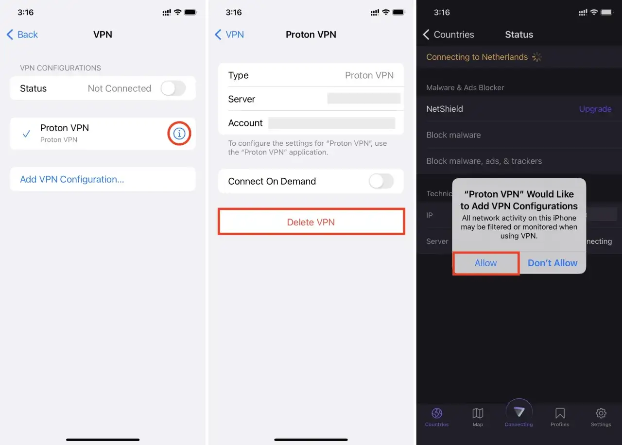 iPhone VPN connection error message