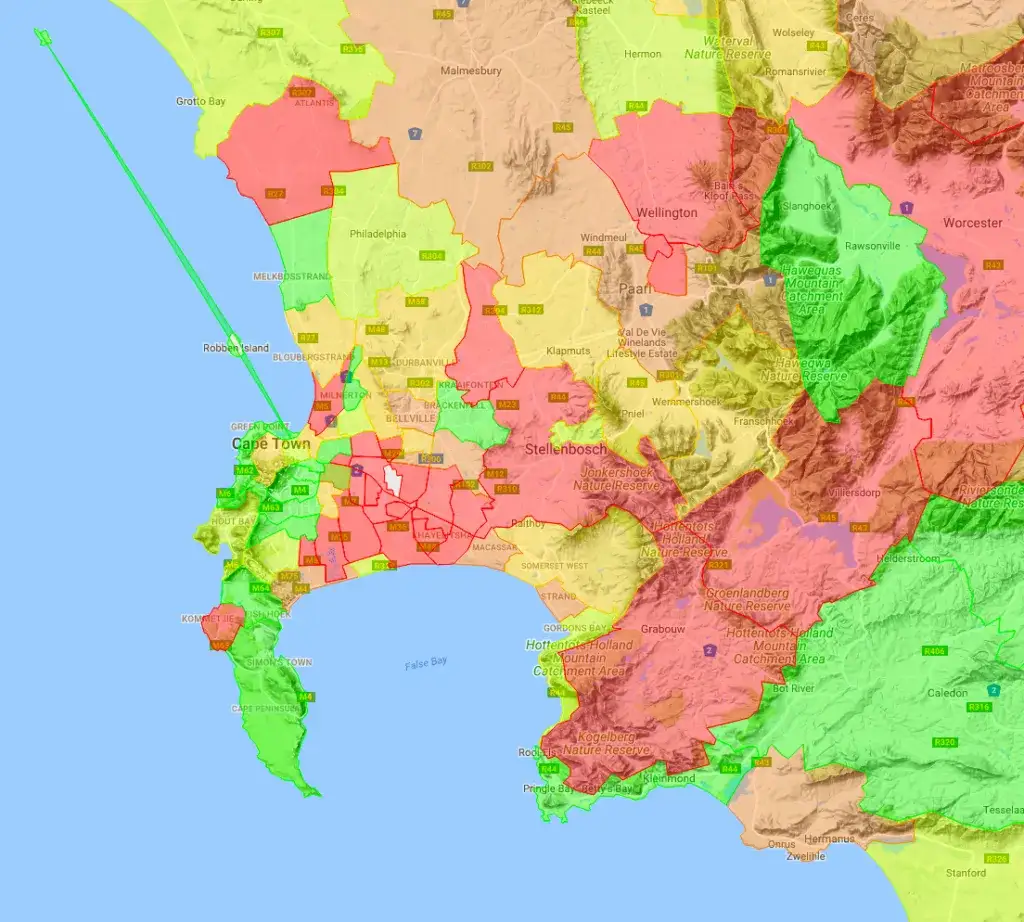 Mapa bezpieczeństwa RPA z zaznaczonymi regionami ryzyka