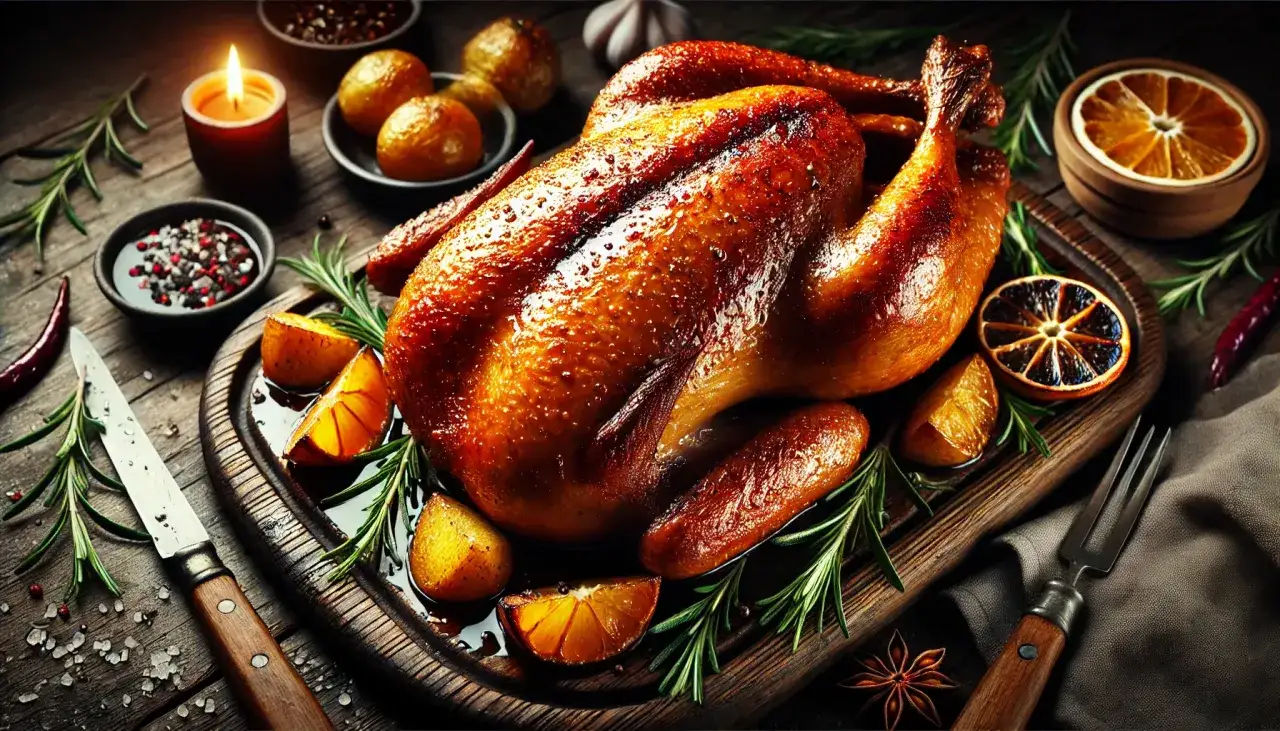 Złocisty, pieczony kurczak z pomarańczą i rozmarynem. Idealny pomysł, co zrobić na świąteczny obiad.