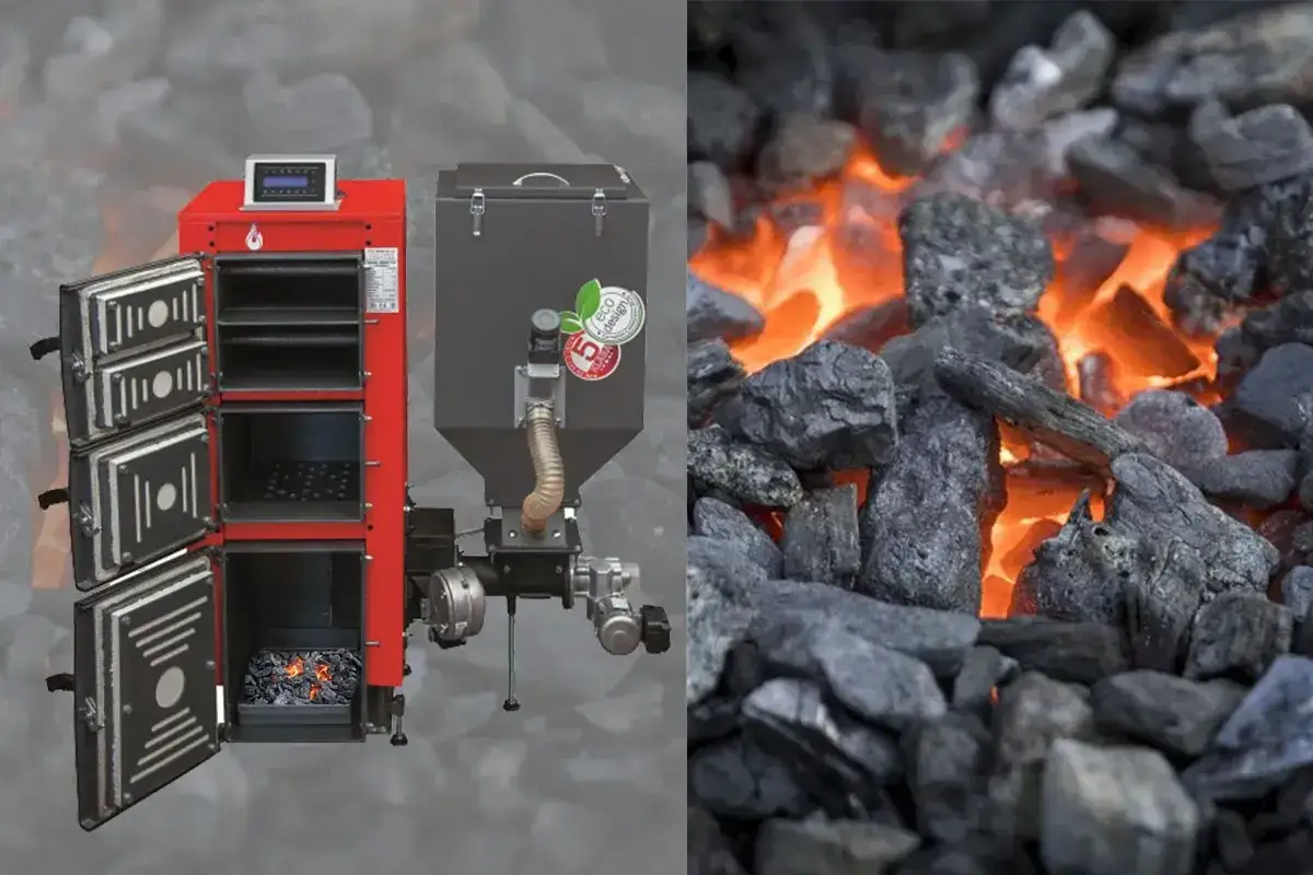 Jak ustawić piec na ekogroszek żeby nie było spiek&oacute;w? Czerwony piec z otwartymi drzwiczkami i paleniskiem, obok żarzący się węgiel.