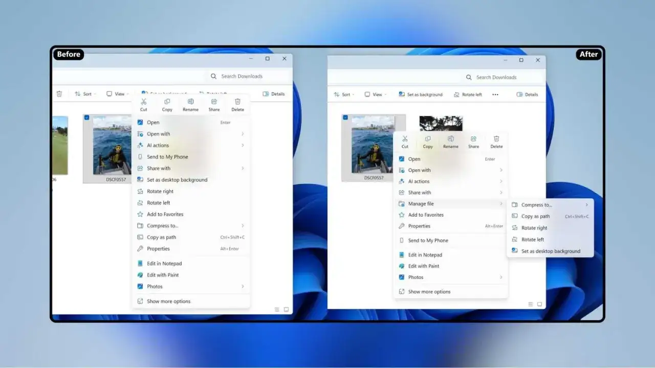 Por&oacute;wnanie menu kontekstowego w Windows 11: przed i po aktualizacji. Zobacz, jak łatwo pokazać więcej opcji Windows 11.