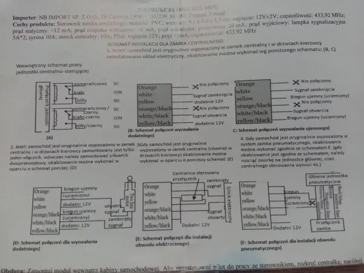Schemat jak działa centralny zamek w samochodzie: połączenia elektryczne jednostki sterującej, siłowników i wyzwalania.