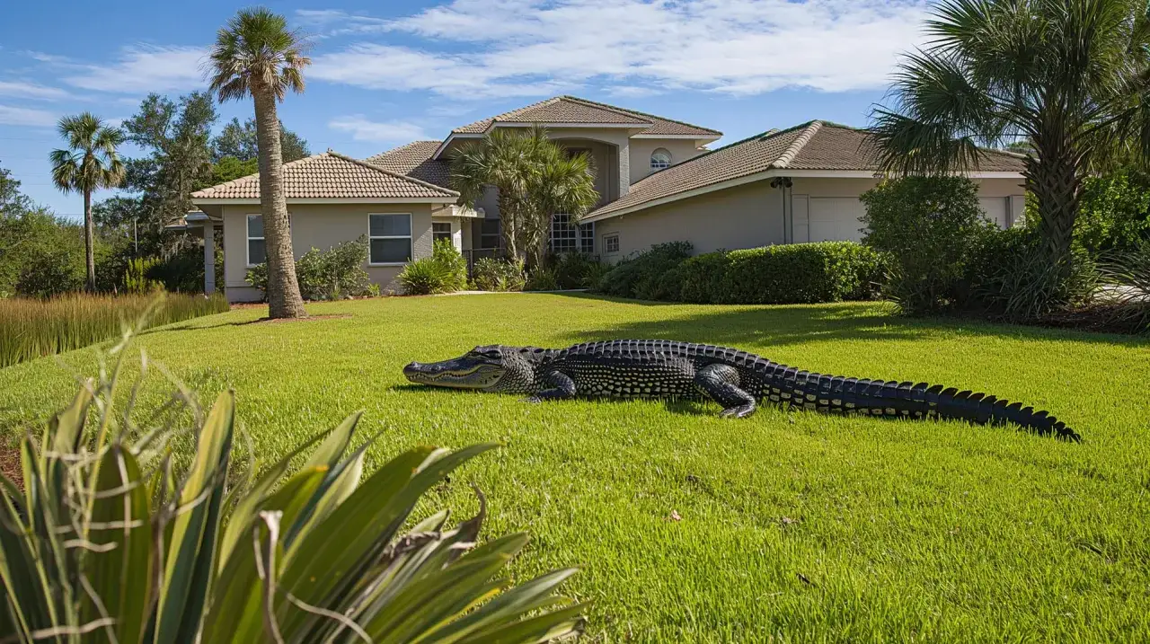 Aligator na trawniku przed domem na Florydzie. Czy na Florydzie jest bezpiecznie? Chyba nie dla każdego!
