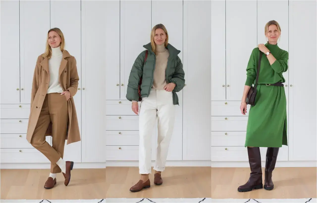 Trzy propozycje stylizacji na jesień: płaszcz z beżowymi spodniami, zielona puchowa kurtka z białymi spodniami i zielona sukienka z brązowymi kozakami.