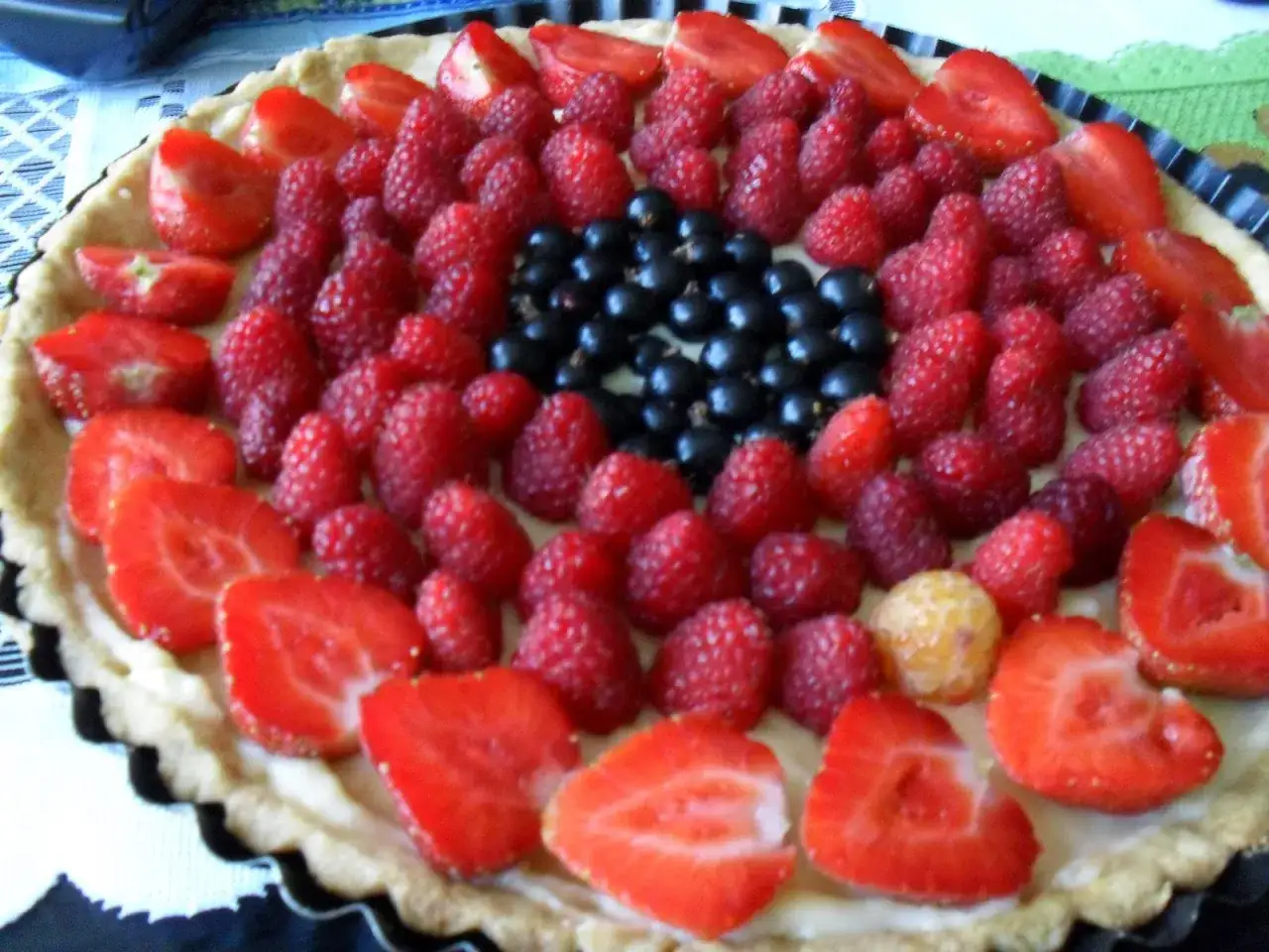 Tarta z kremem patissiere ozdobiona malinami, truskawkami i czarnymi porzeczkami.