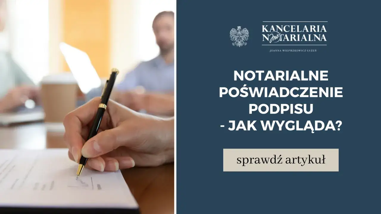Dłoń z piórem składa podpis na dokumencie. Kancelaria notarialna oferuje notarialne poświadczenie podpisu.