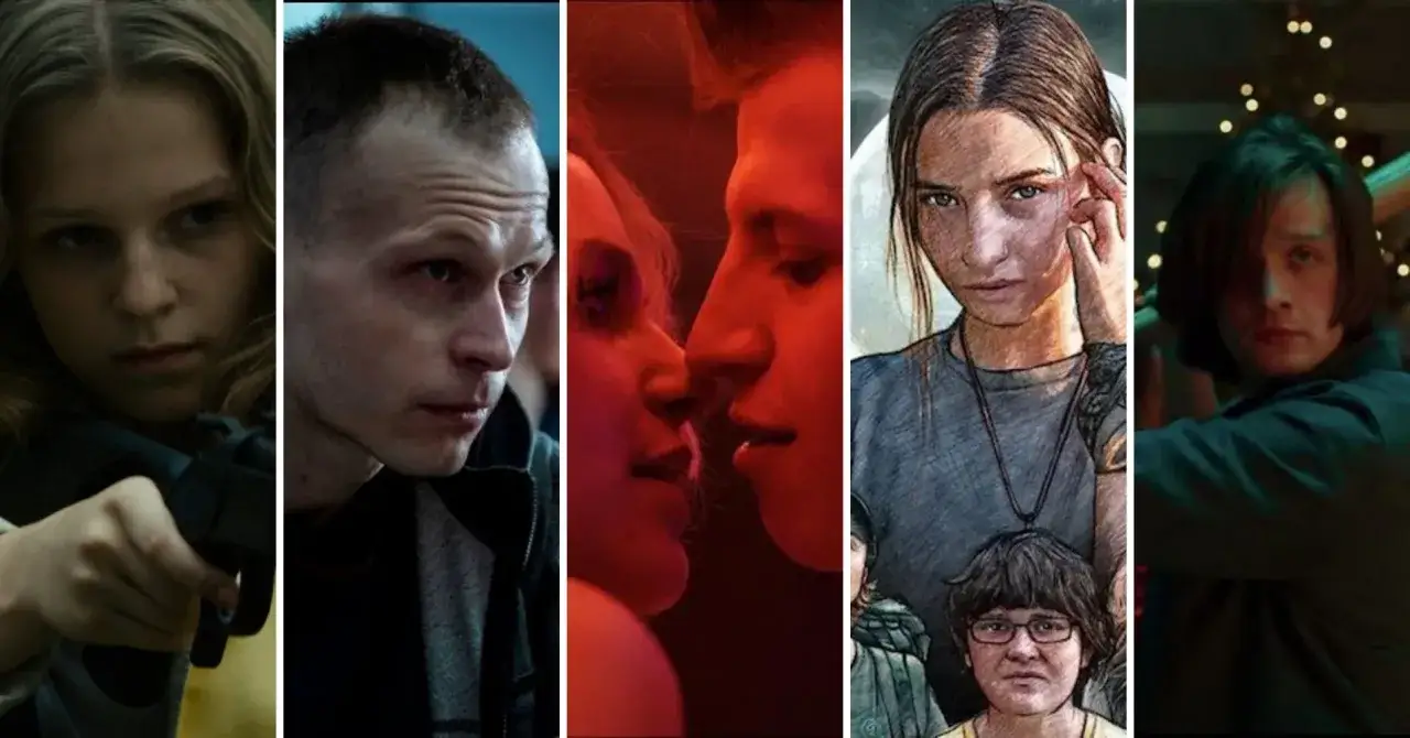 Kolaż z kadrów filmowych: dziewczyna z bronią, mężczyzna z zamyślonym wyrazem twarzy, para w pocałunku, młoda kobieta i chłopiec. Zapowiedź najlepszych polskich filmów.