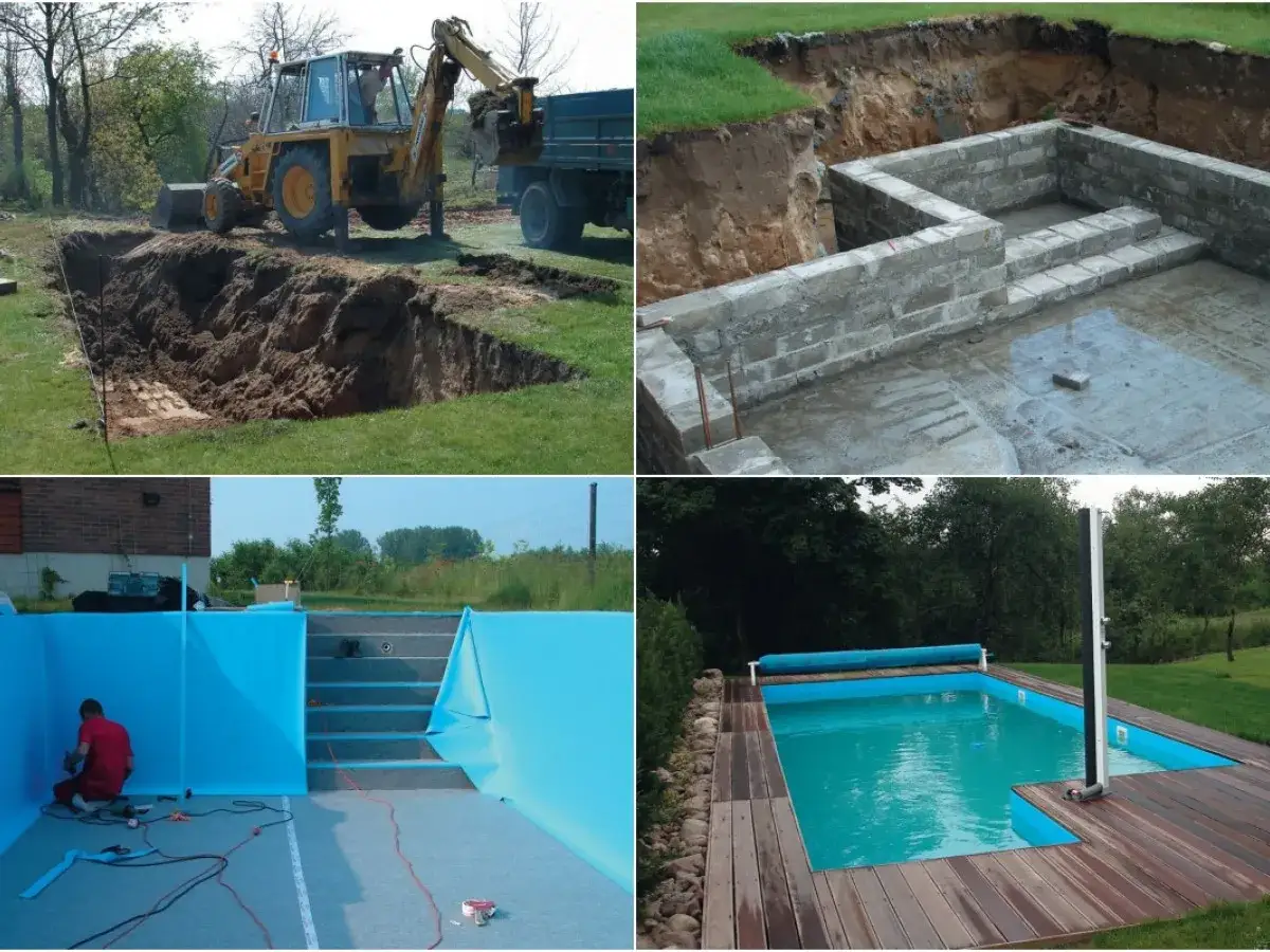 Budowa małego basenu: wykop, mury, wykładanie folią i gotowy basen z drewnianym tarasem.