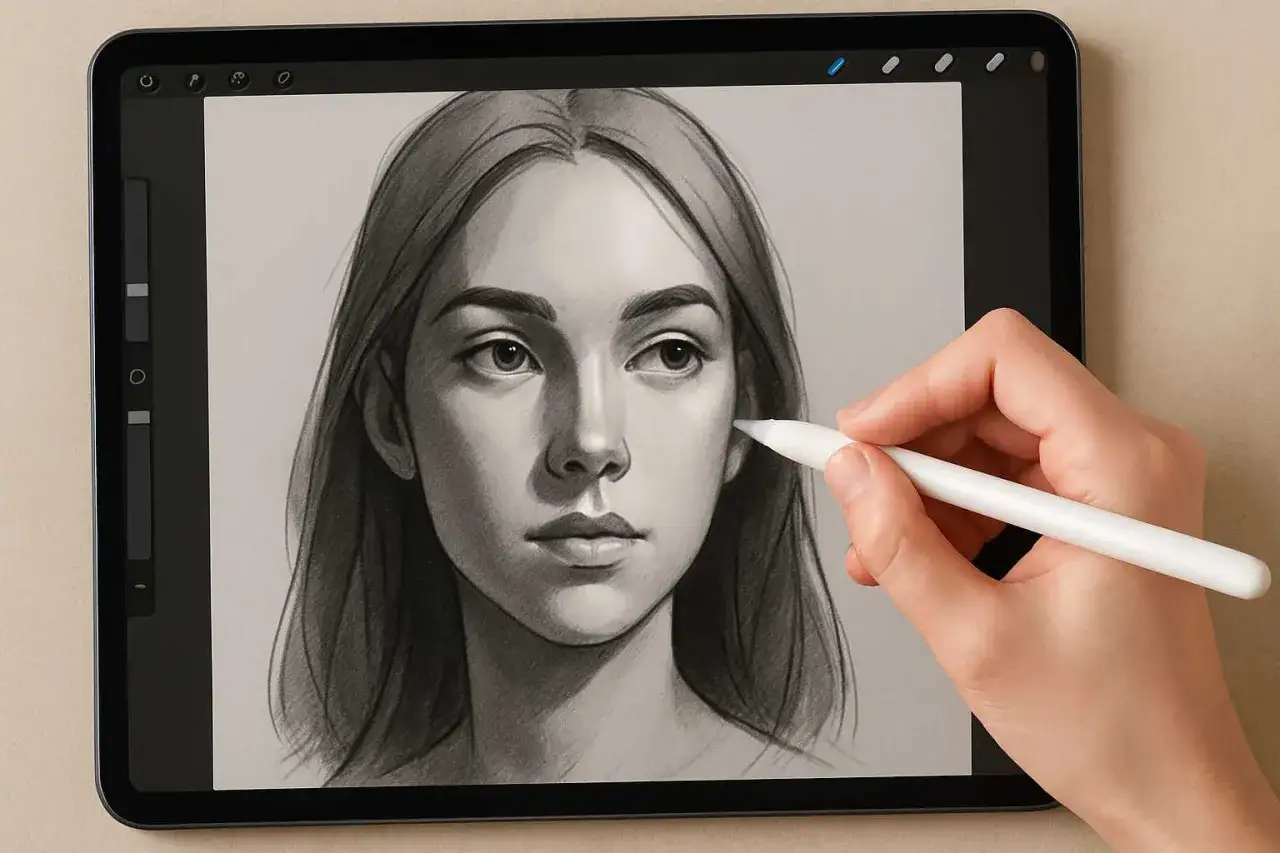 Rysunek portretu kobiety na tablecie, tworzony za pomocą rysika. Idealne aplikacje na tablet do rysowania.