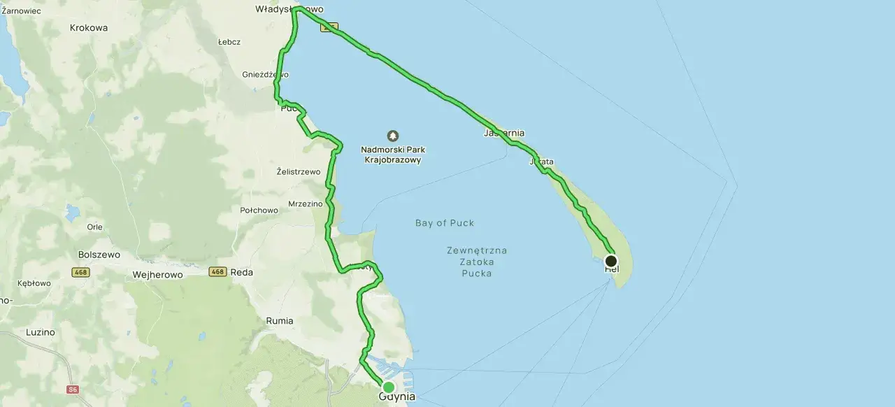 mapa trasy Gdynia Hel samochodem i promem
