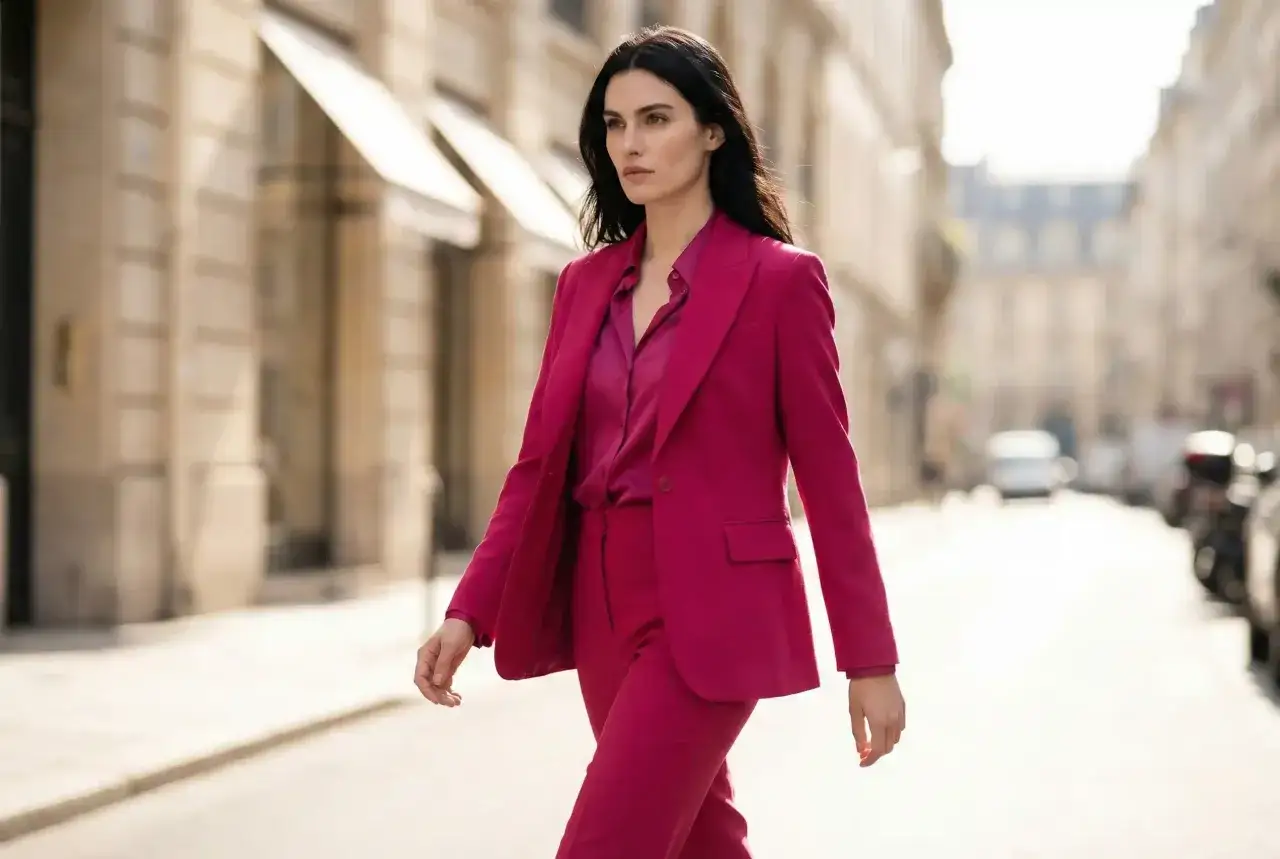 Elegancka kobieta w garniturze w intensywnym kolorze fuksji, spacerująca ulicą.