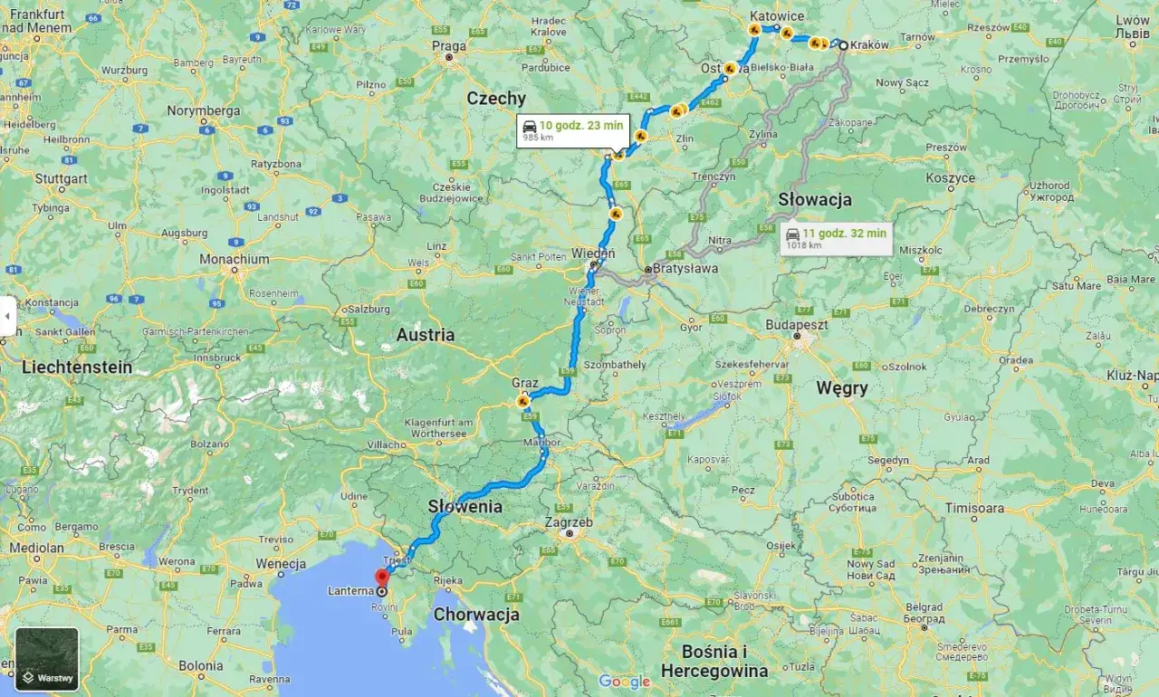 Trasa z Polski do Chorwacji: 10 godzin 23 minuty (985 km) lub 11 godzin 32 minuty (1018 km).