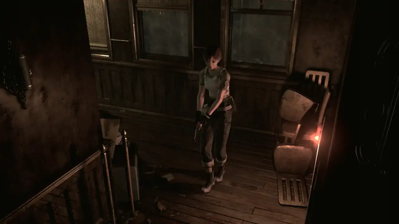 Rebecca Chambers w mrocznym wagonie pociągu, gotowa do walki w Resident Evil 0.