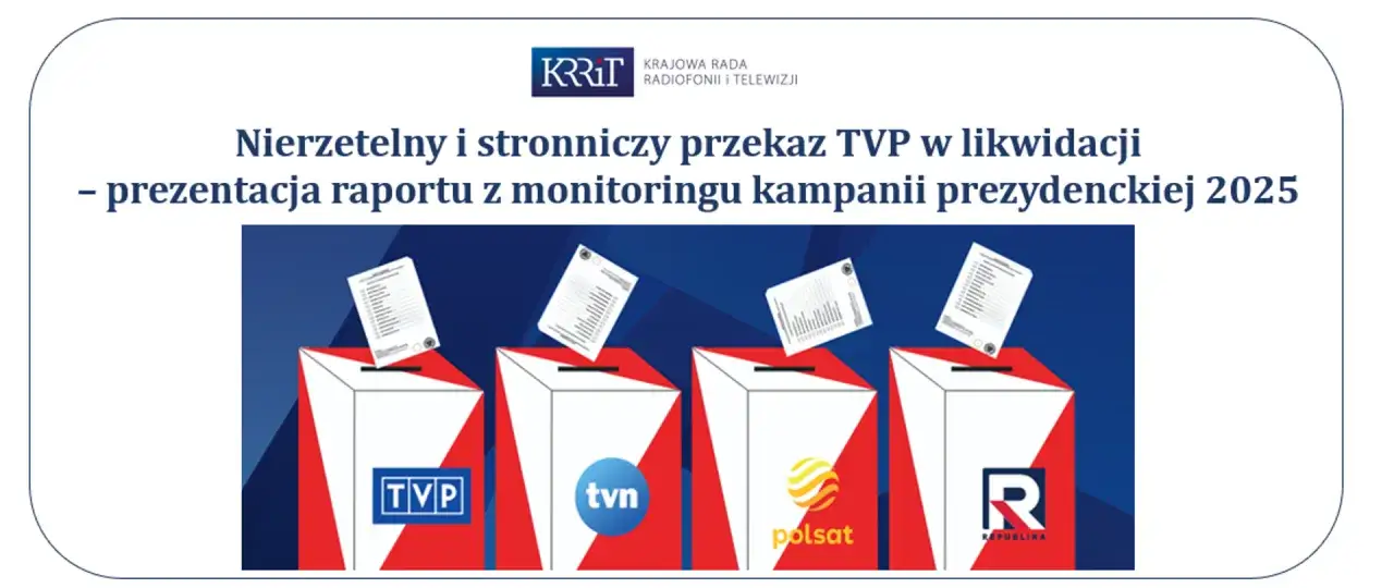 Raport KRRiT o kampanii prezydenckiej 2025: czy ukryta prawda jest na faktach? Cztery urny wyborcze z logotypami TVP, TVN, Polsat i Republika.