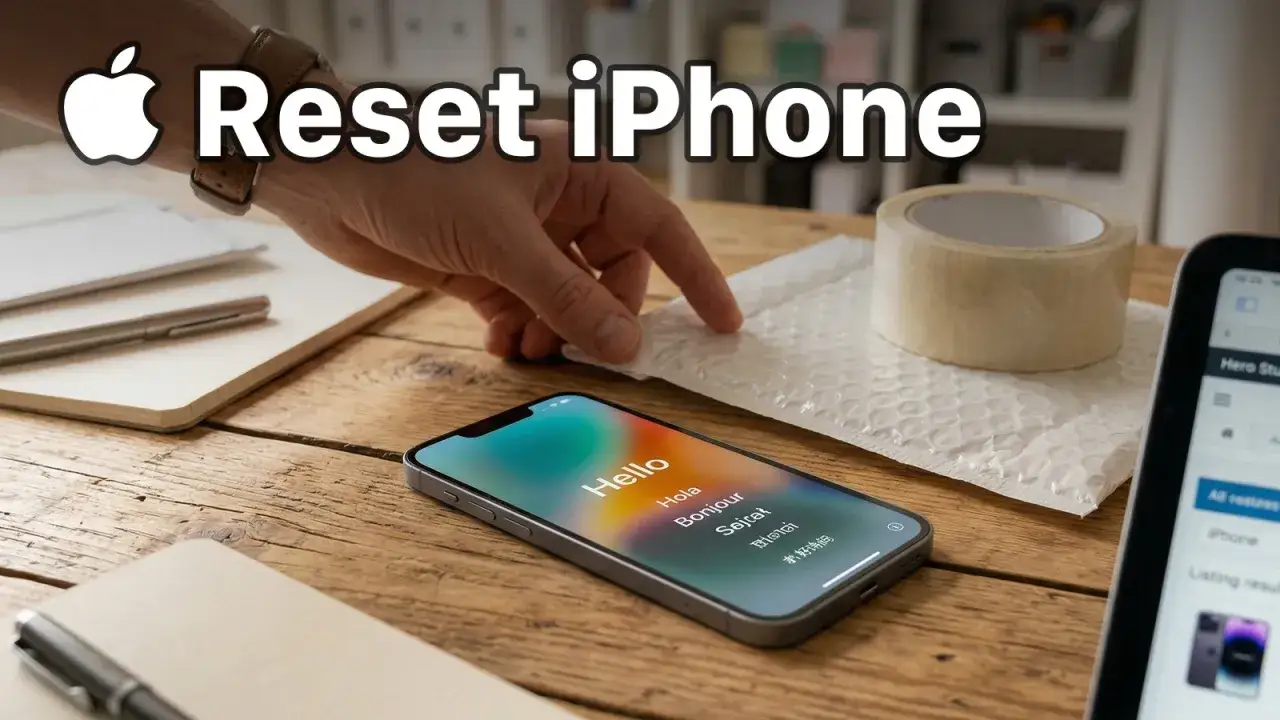 Instrukcja, jak zresetować iPhone'a. Na drewnianym stole leży iPhone z ekranem powitalnym, obok taśma klejąca i folia bąbelkowa.