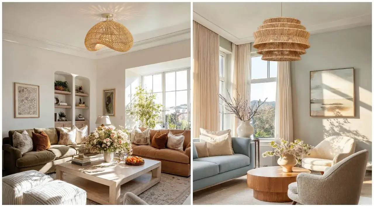 Jaki żyrandol do salonu? Dwa przykłady salon&oacute;w z plecionymi lampami wiszącymi, kt&oacute;re dodają ciepła i stylu.