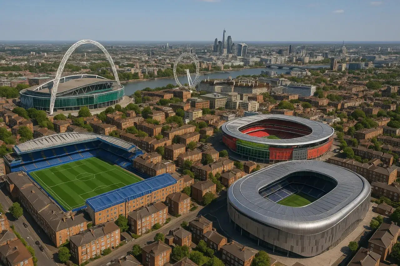 Widok z lotu ptaka na kilka stadionów piłkarskich w Londynie, w tym Wembley, otoczonych miejską zabudową.