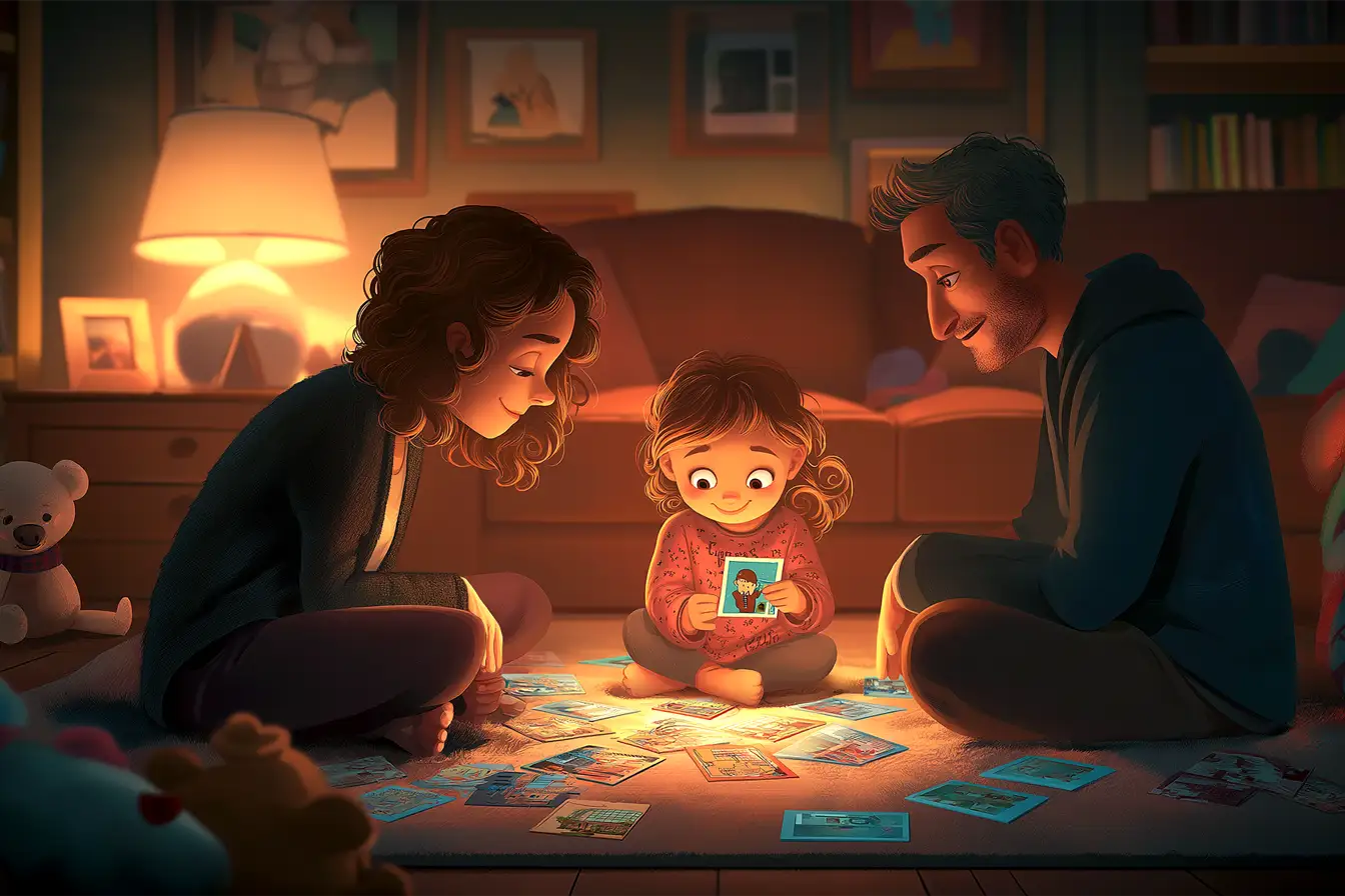 Rodzice z uśmiechem patrzą na córkę, która trzyma zdjęcie. Może to początek rozmowy, jak wytłumaczyć 10 latkowi skąd się biorą dzieci.