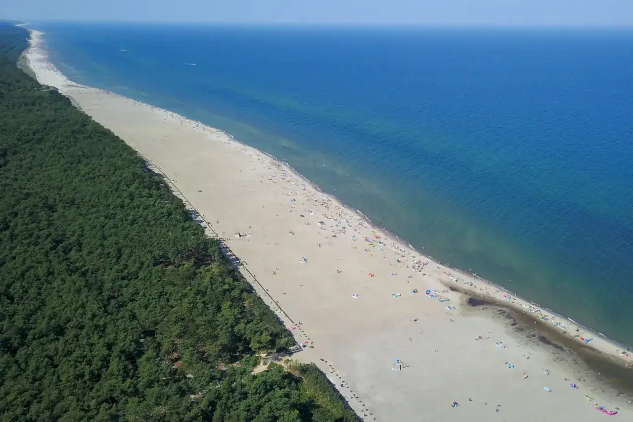 Szeroka, piaszczysta plaża w Ostrowie nad morzem, otoczona lasem sosnowym. Wiele osób odpoczywa na piasku i w wodzie.