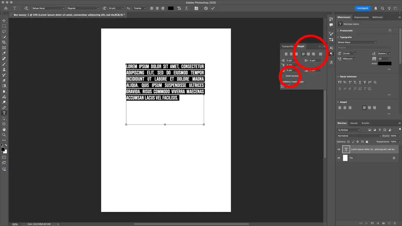 Panel Akapit Photoshop justowanie