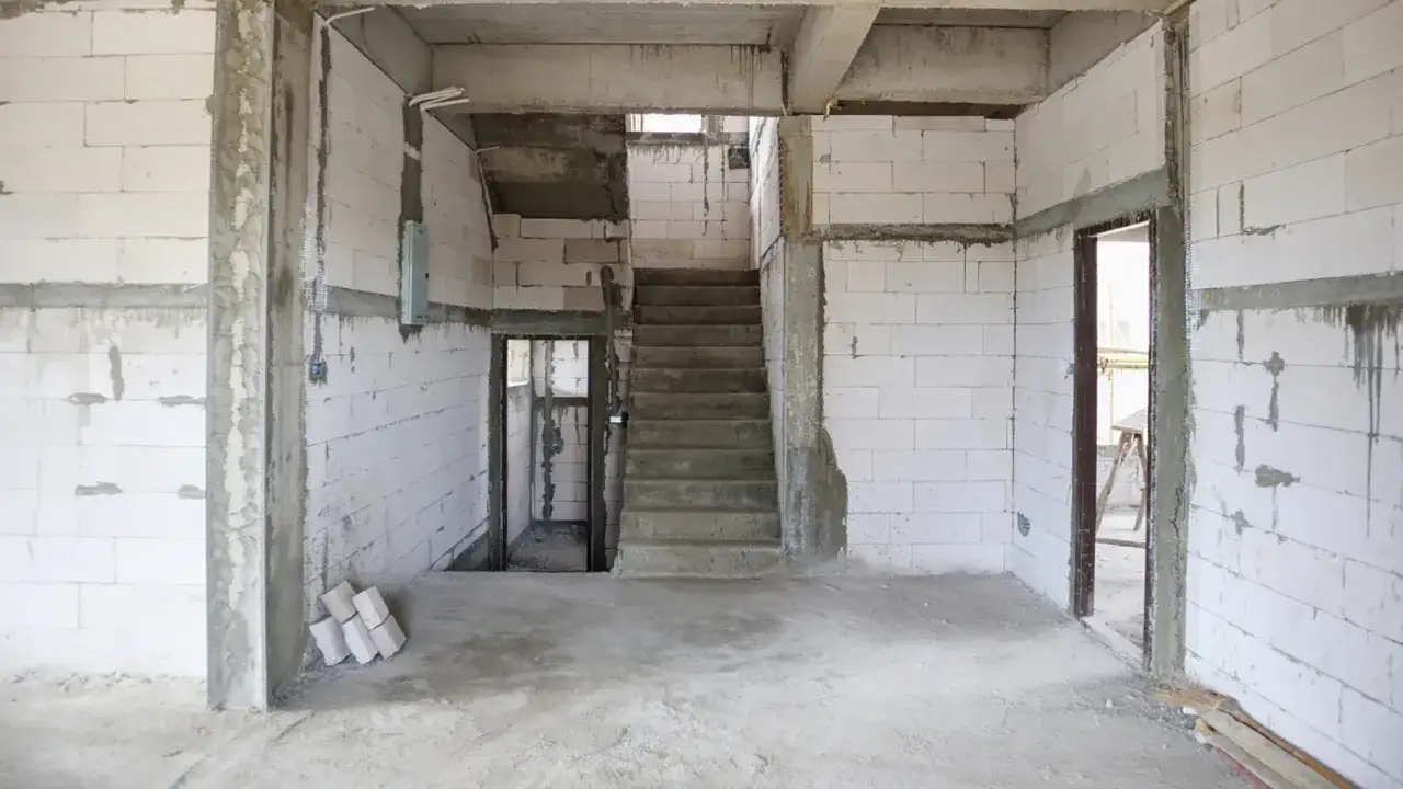 Wnętrze w budowie z betonowymi schodami zabiegowymi. Ściany z białych pustak&oacute;w, surowe posadzki i stropy.