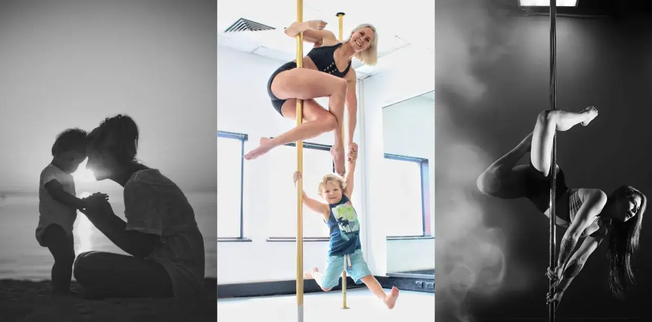 Trzy obrazy: mama z dzieckiem na plaży, kobieta z dzieckiem na słupie, kobieta na słupie. Pole dance dla dzieci to zabawa i siła.