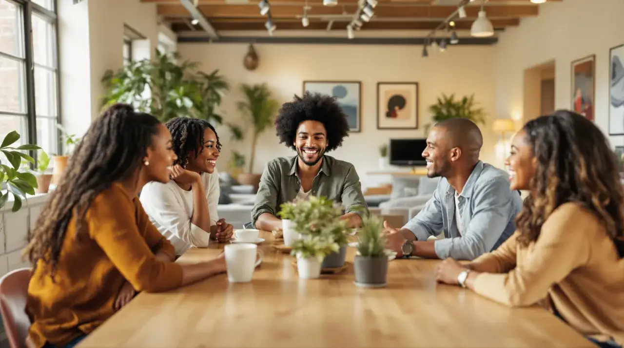 Grupa przyjaciół śmieje się przy stole, dyskutując o tym, o czym rozmawiać z dziewczyną.