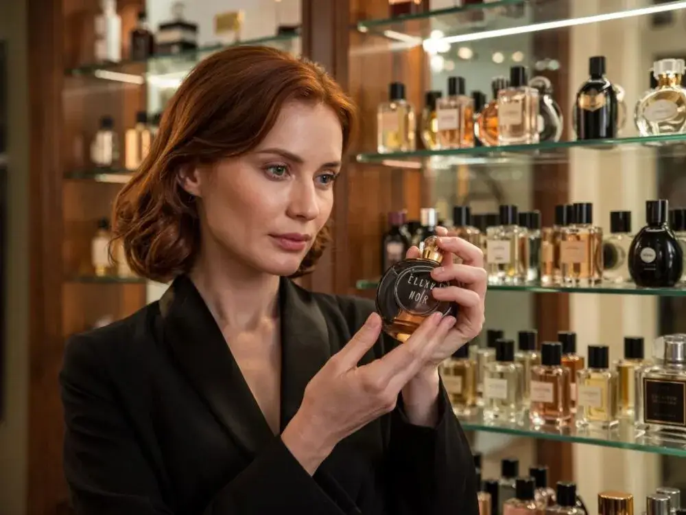kobieta testująca perfumy w perfumerii