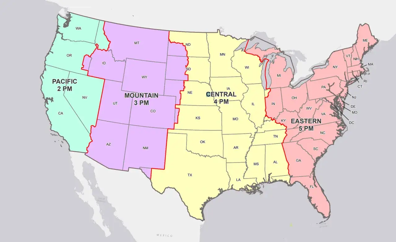 Mapa USA pokazuje, ile jest stref czasowych: Pacyficzną (2 PM), Górską (3 PM), Centralną (4 PM) i Wschodnią (5 PM).