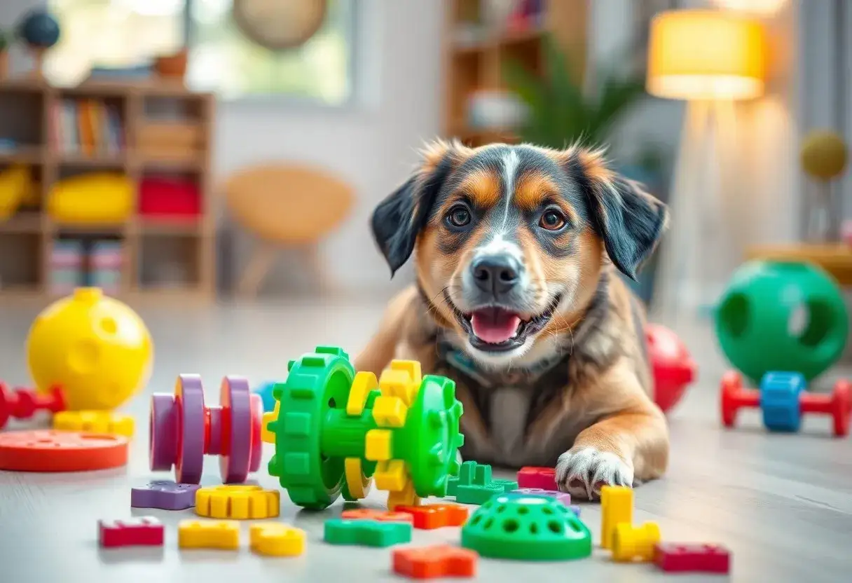 Szczeniak otoczony kolorowymi zabawkami, gotowy do nauki. To idealny moment, by zacząć przygodę, jak wytresować szczeniaka.