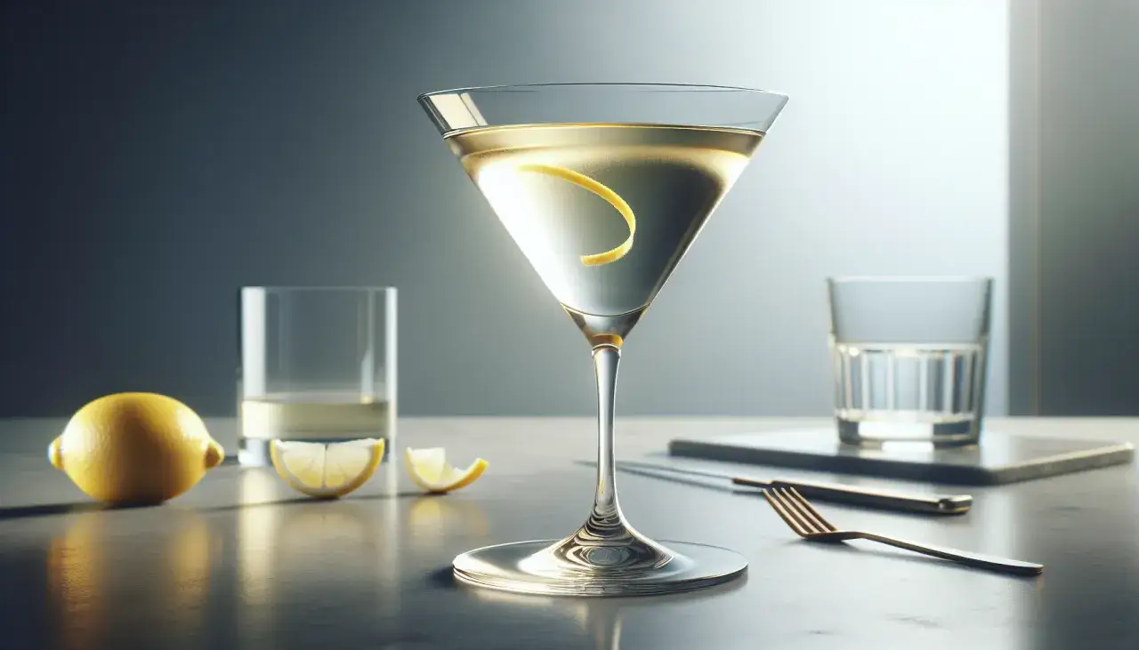 Gotowy drink Vesper Martini w kieliszku koktajlowym z twistem cytrynowym