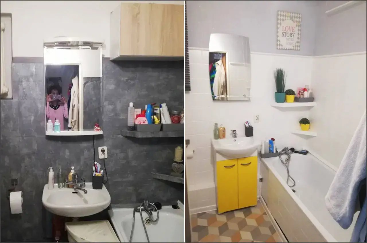 malowanie płytek przed i po, remont łazienki farbą