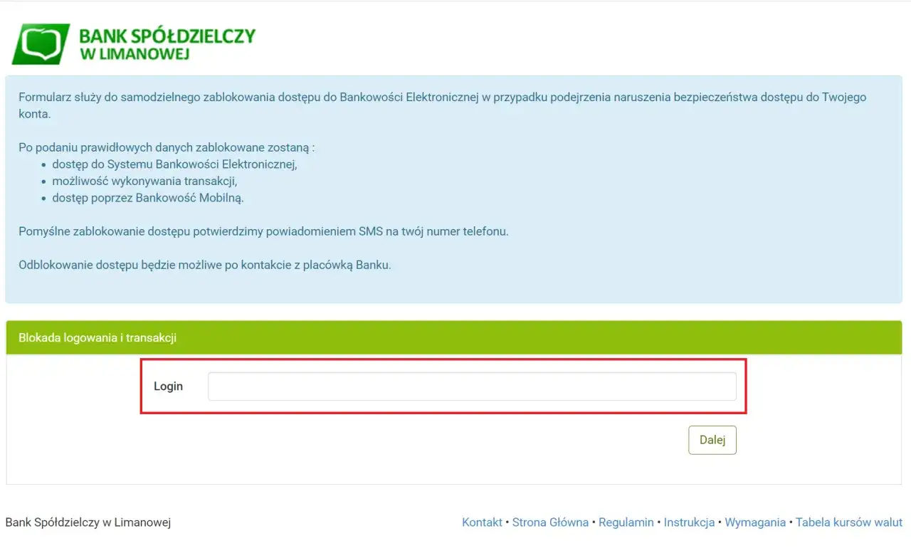 Formularz do samodzielnego blokowania dostępu do konta bankowego. Wpisz login, aby rozpocząć procedurę jak zablokować konto bankowe.