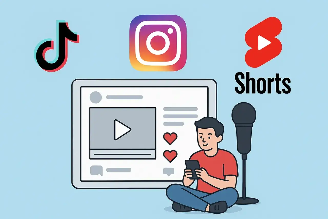 Chłopiec z telefonem, mikrofon i ikony mediów społecznościowych (TikTok, Instagram, YouTube Shorts) symbolizują pracę dla nieletnich zdalną.