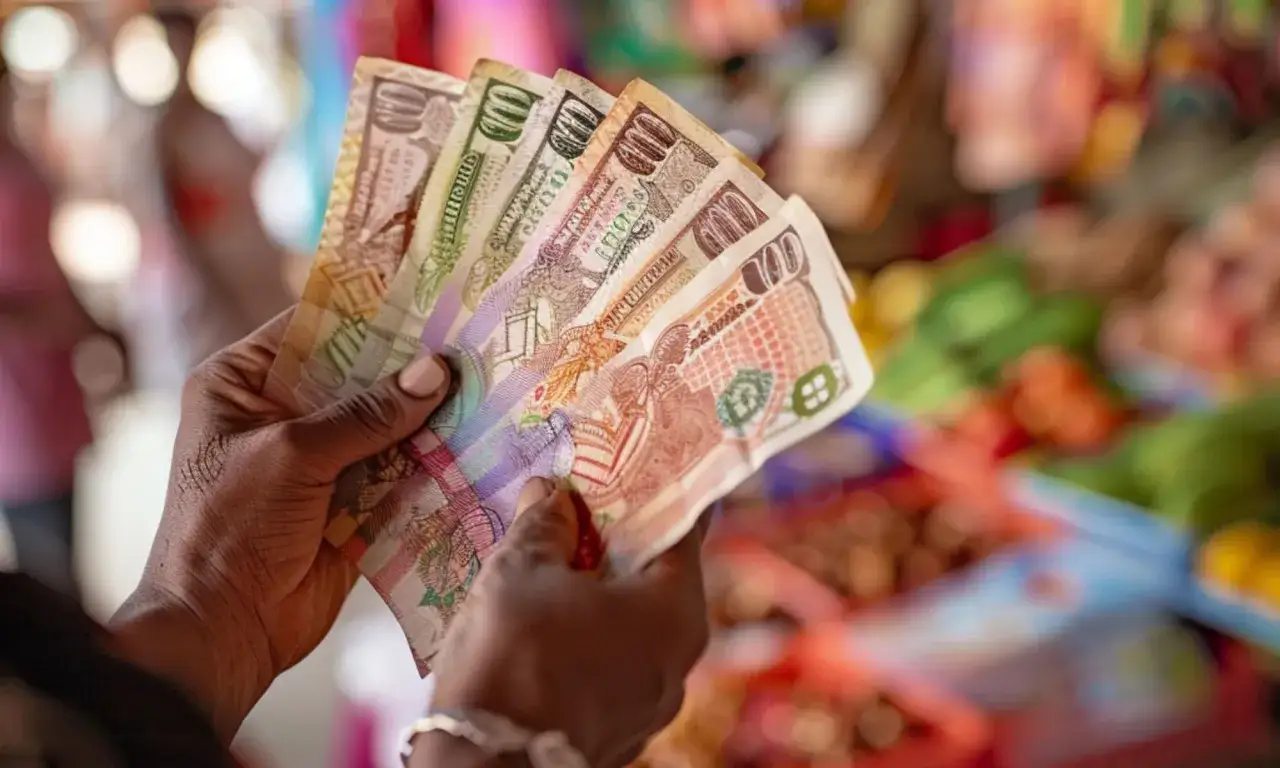 Ręka trzyma banknoty, w tym botswana waluta, na tle targu.