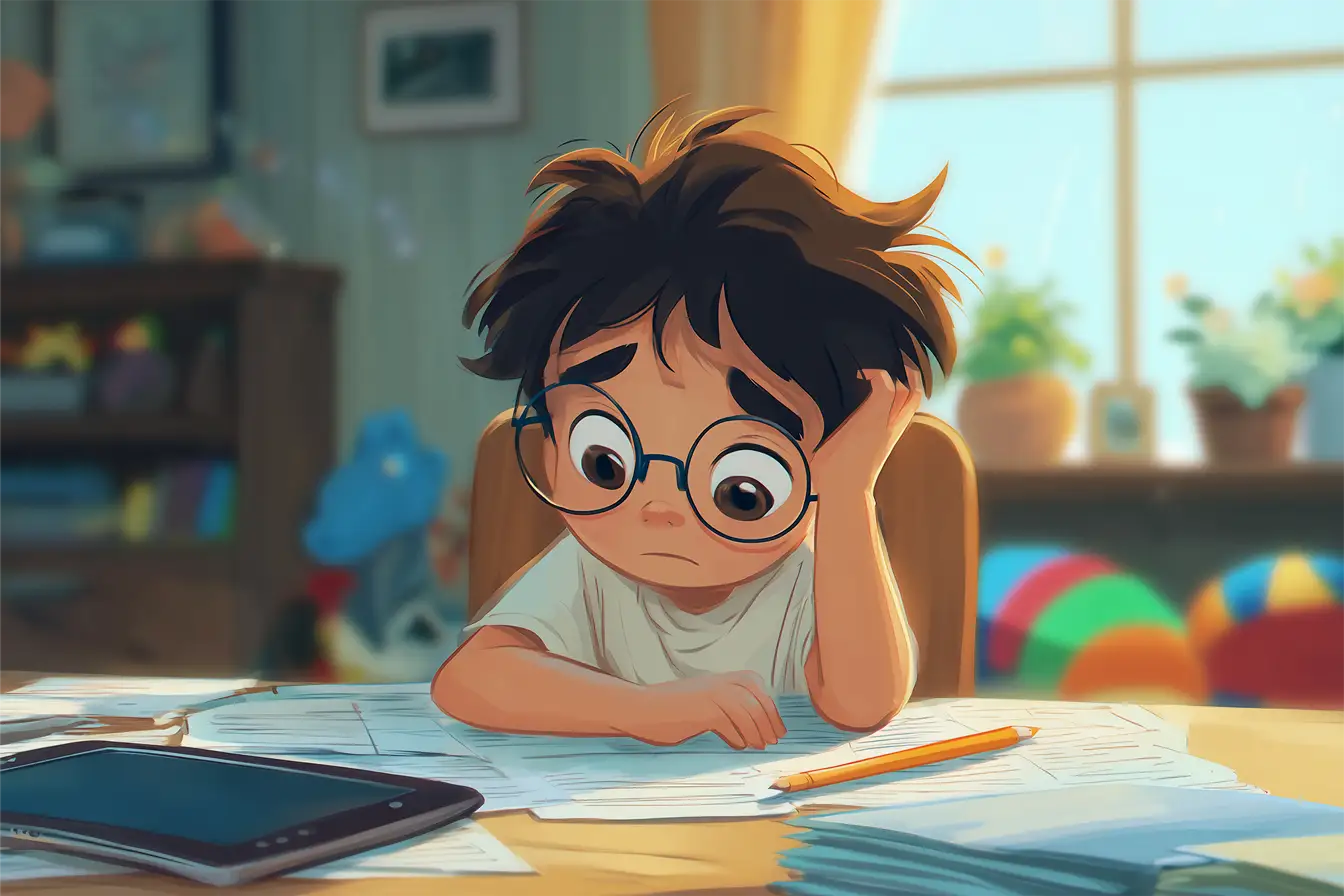 Chłopiec w okularach, z ręką na czole, przeżywa bunt 7 latka przy biurku pełnym papierów i tabletu.