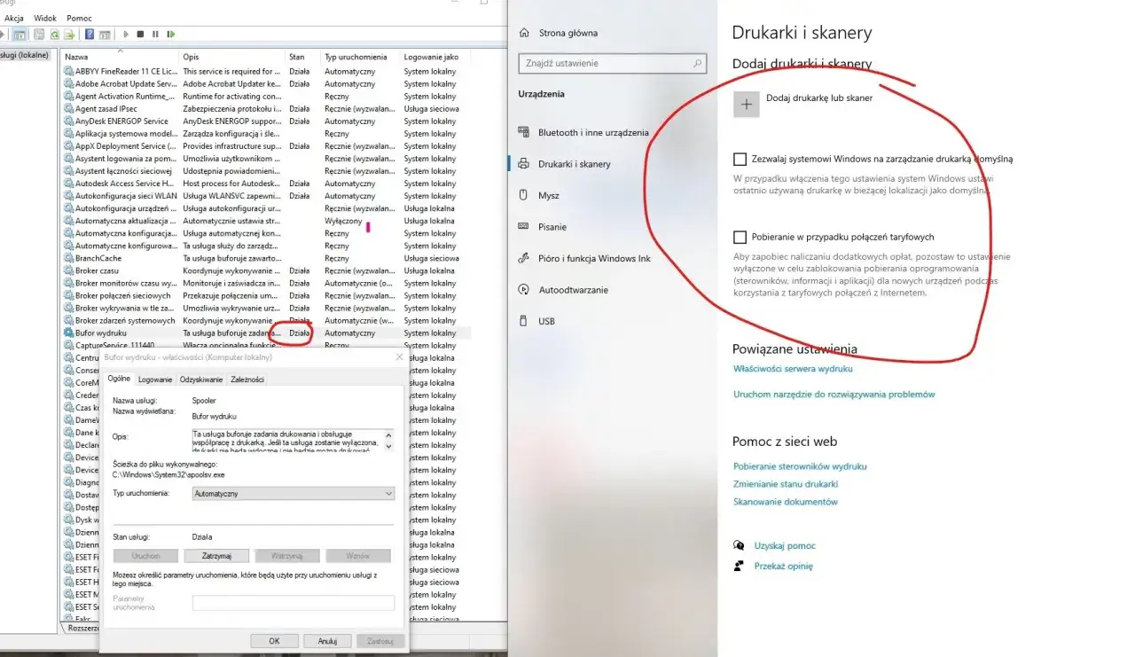 screen usługi bufor wydruku Windows, folder PRINTERS Windows