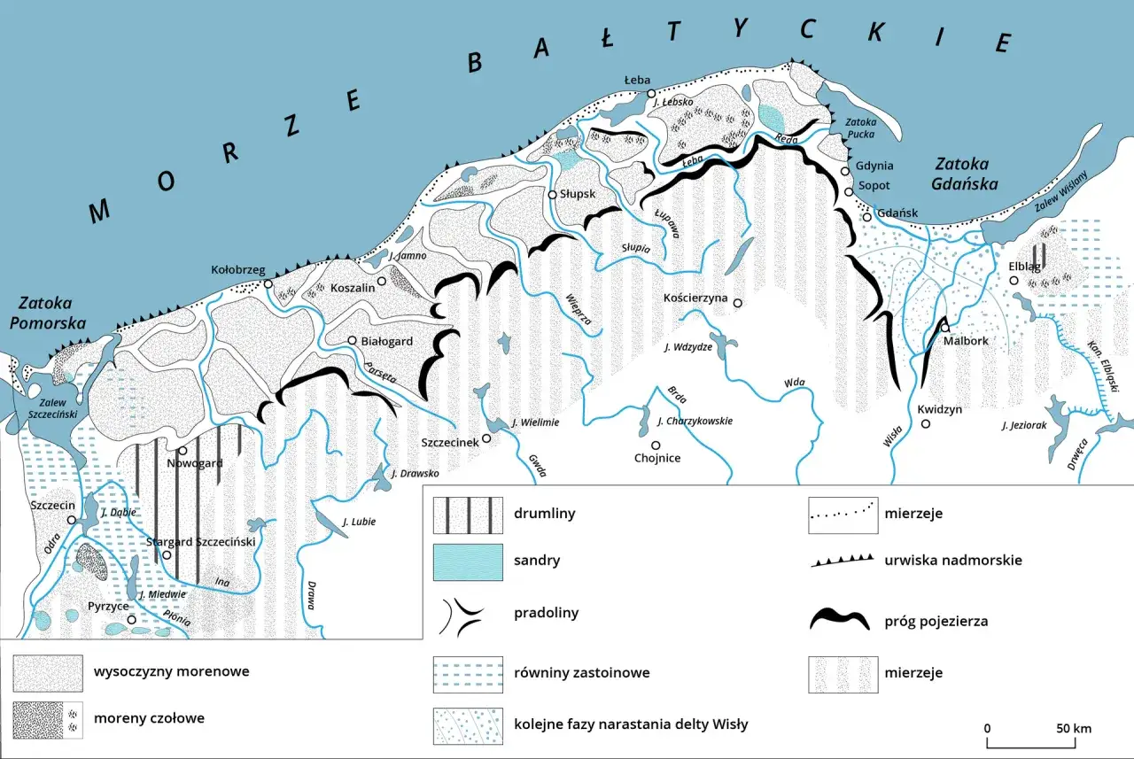 Mapa Polski z zaznaczonymi obszarami g&oacute;rskimi i wybrzeżem Bałtyku