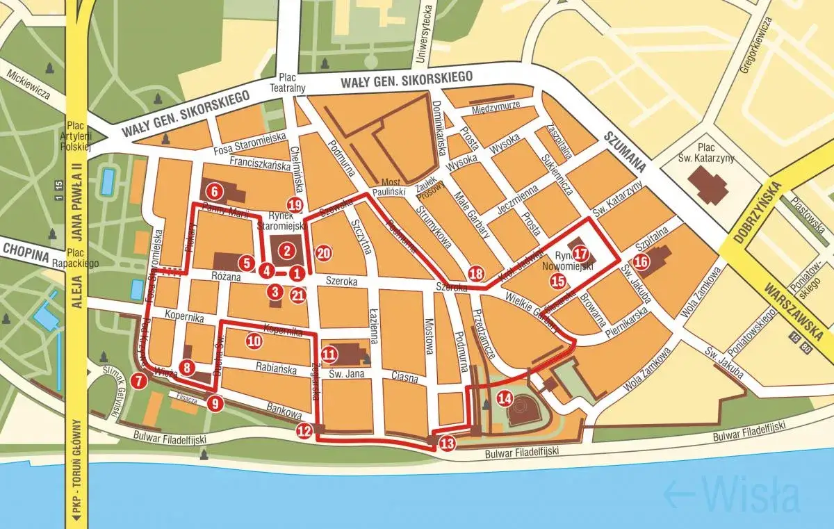 Mapa Starego Miasta Torunia z zaznaczonymi atrakcjami turystycznymi