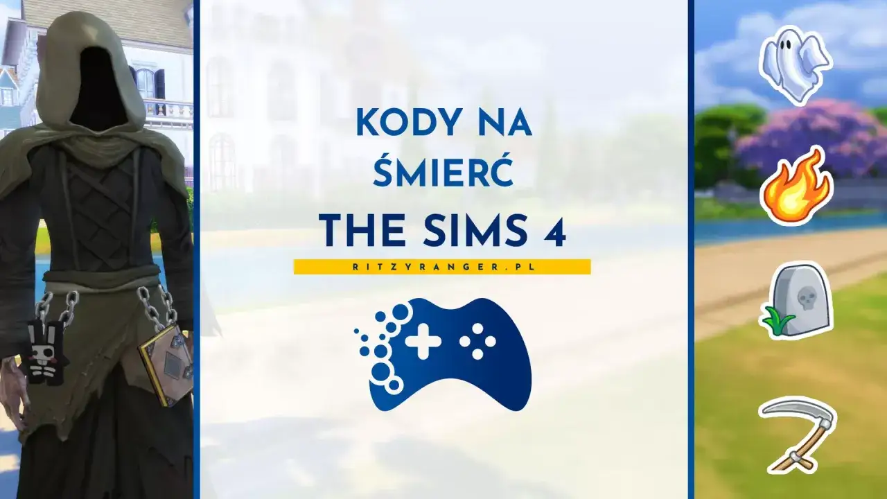 Postać w stroju Śmierci z The Sims 4, obok ikony kontrolera i symboli związanych ze śmiercią. Kody na śmierć w The Sims 4.
