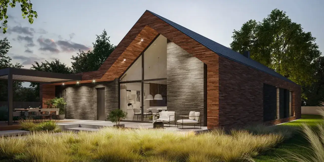 Nowoczesna stodoła z cegły, z dużymi przeszkleniami i tarasem. Idealna, tania opcja na wymarzony dom.