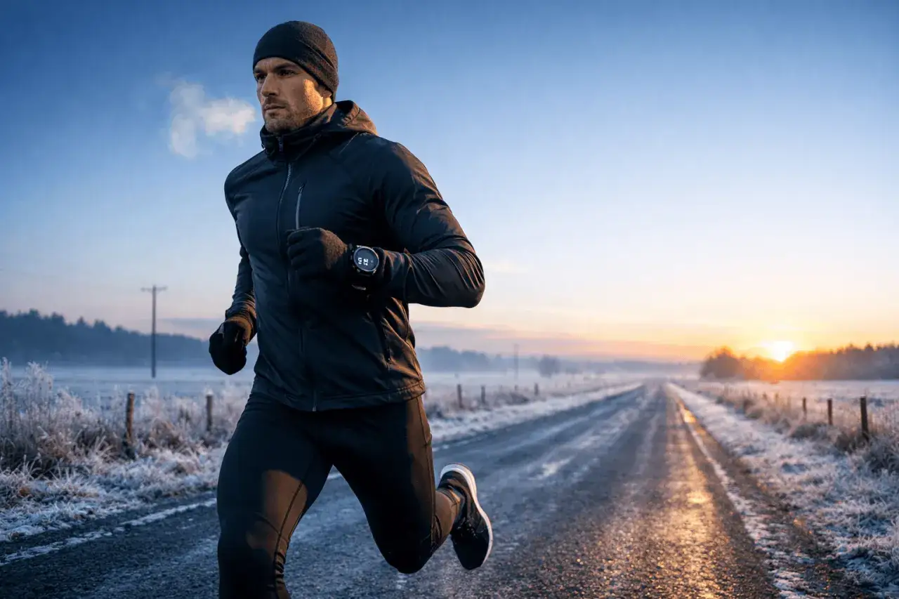 Mężczyzna w czapce i rękawiczkach biegnie po zamarzniętej drodze o wschodzie słońca. Widać parę wydobywającą się z ust, co świadczy o bieganiu w mrozie.