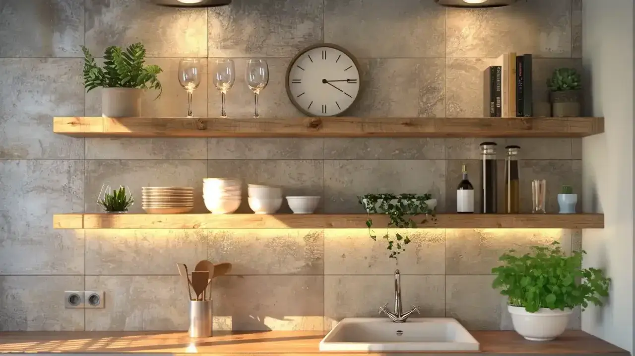 Nowoczesna kuchnia z kamiennymi płytkami, drewnianymi p&oacute;łkami, na kt&oacute;rych stoją rośliny, kieliszki, książki, butelki i naczynia. Podświetlana żywica na ścianę w kuchni dodaje ciepła.