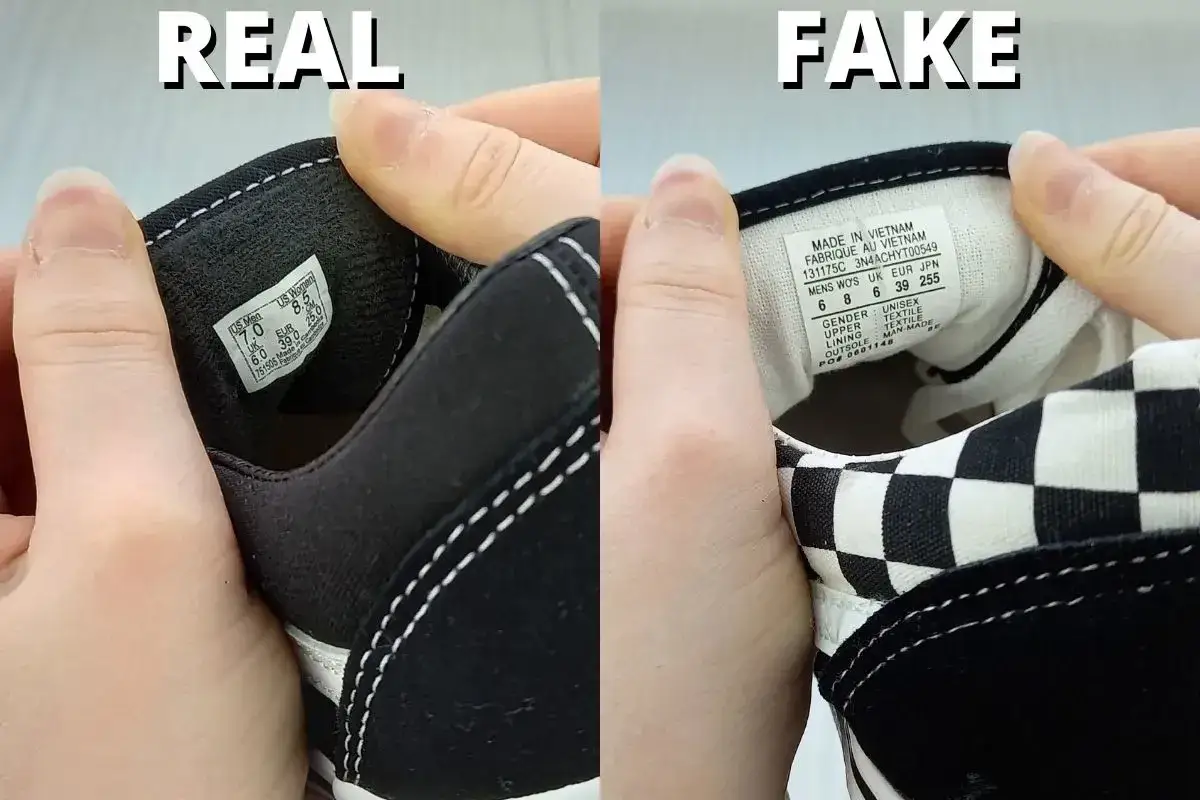 Porównanie metek Vans: oryginalne a podróbki. Zwróć uwagę na detale, by odróżnić oryginał od fałszerstwa.