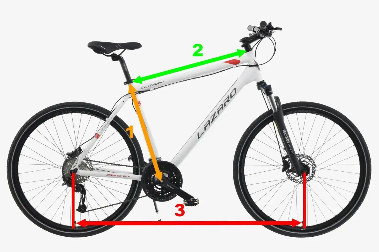 Biały rower z oznaczeniami pokazującymi, gdzie jest napisany rozmiar ramy roweru. Strzałki wskazują r&oacute;żne wymiary.